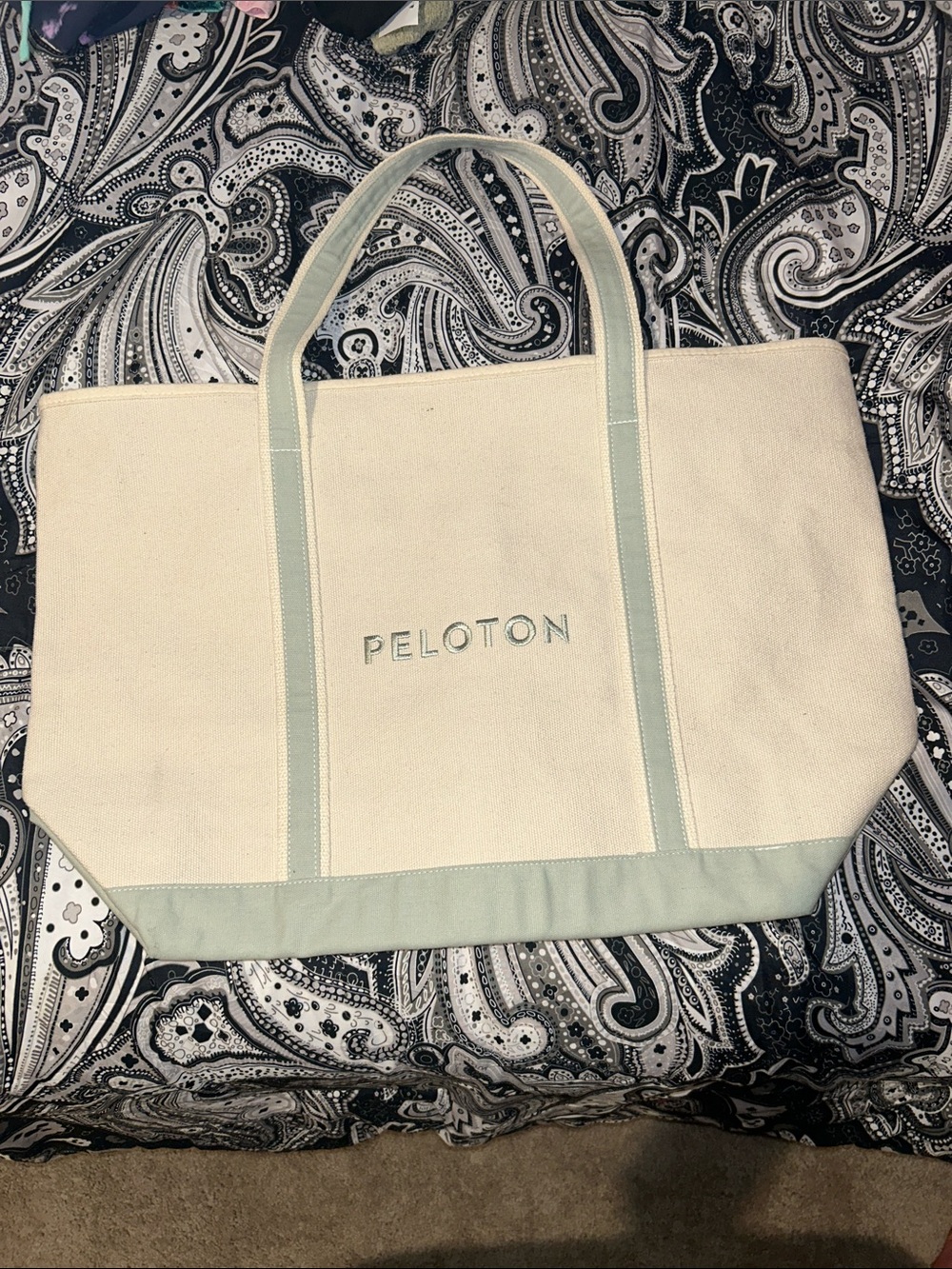 Peloton Canvas Tote Bag in Cream with Mint Trim